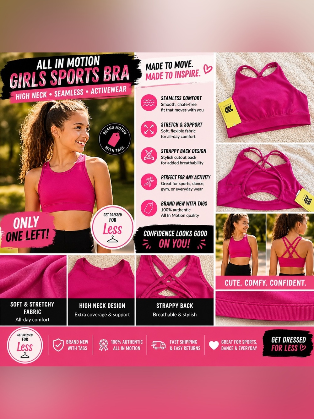 All In Motion Girls Sports Bra Pink Size M 7/8 High Neck Seamless NWT Activewear